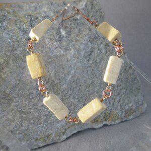 Natural Stone Feldspar Bracelet, Block Bead Chain, Rose Gold